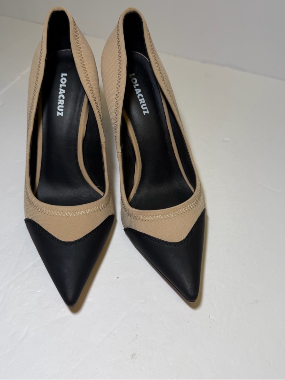 Lola Cruz Women's Beige and Black Pointed Toe Heels